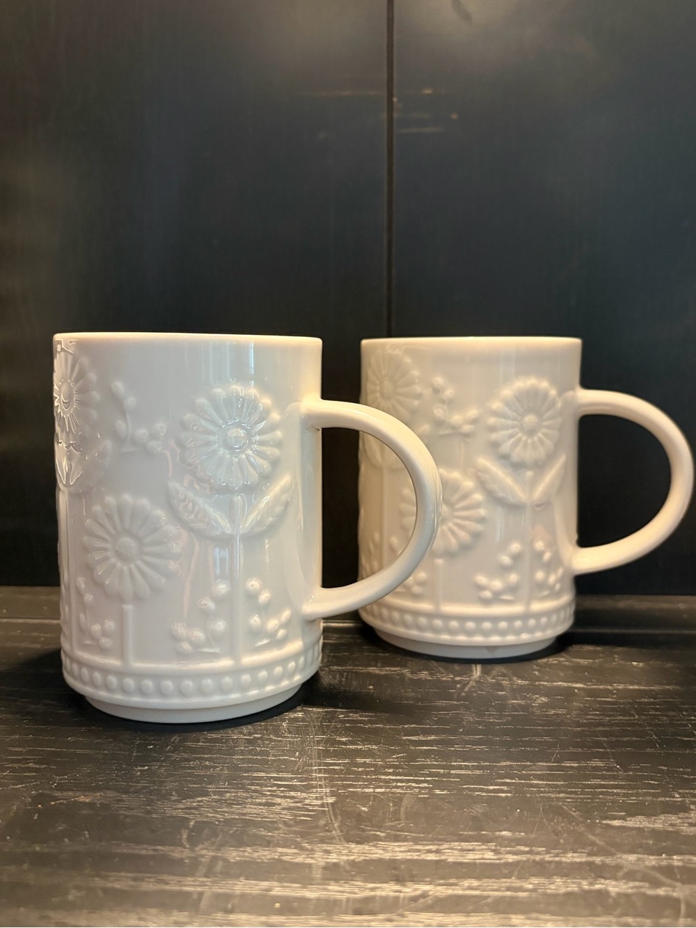 Two Starbucks 12 oz ceramic mugs with embossed daisy or sunflower floral design - Picture 3 of 14